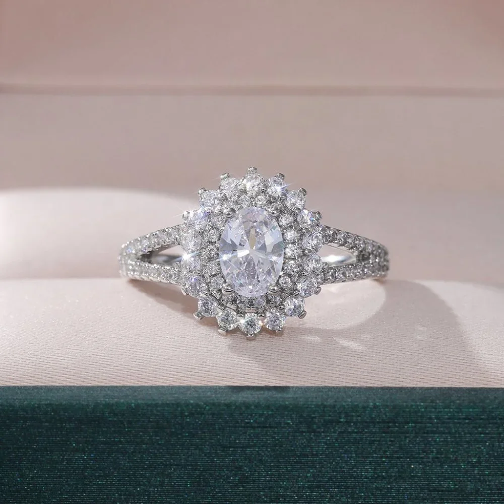 😍PARTY GIFT DOUBLE LAYER CZ LOVELY SILVER DAINTY LUXURY FLOWER RING, K896_7